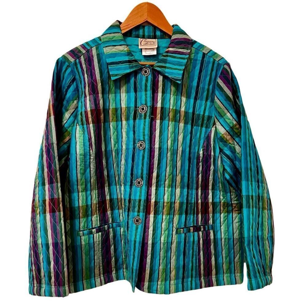 Company Collection Vintage Quilted Button Up Jacket Blue/Green Plaid XL